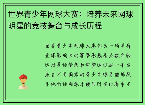 世界青少年网球大赛：培养未来网球明星的竞技舞台与成长历程